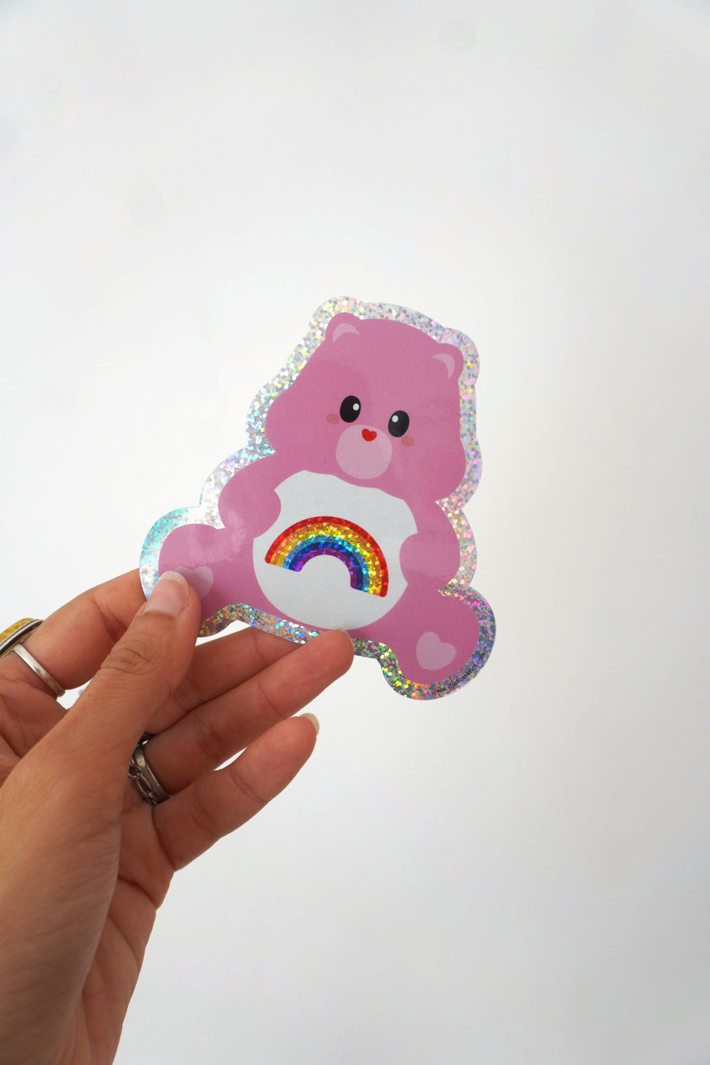 Sticker Bisounours rose avec arc-en-ciel