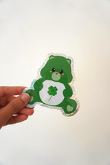 Sticker Bisounours vert au trèfle à quatre feuilles