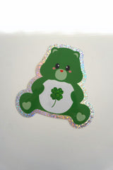 Sticker Bisounours vert au trèfle à quatre feuilles
